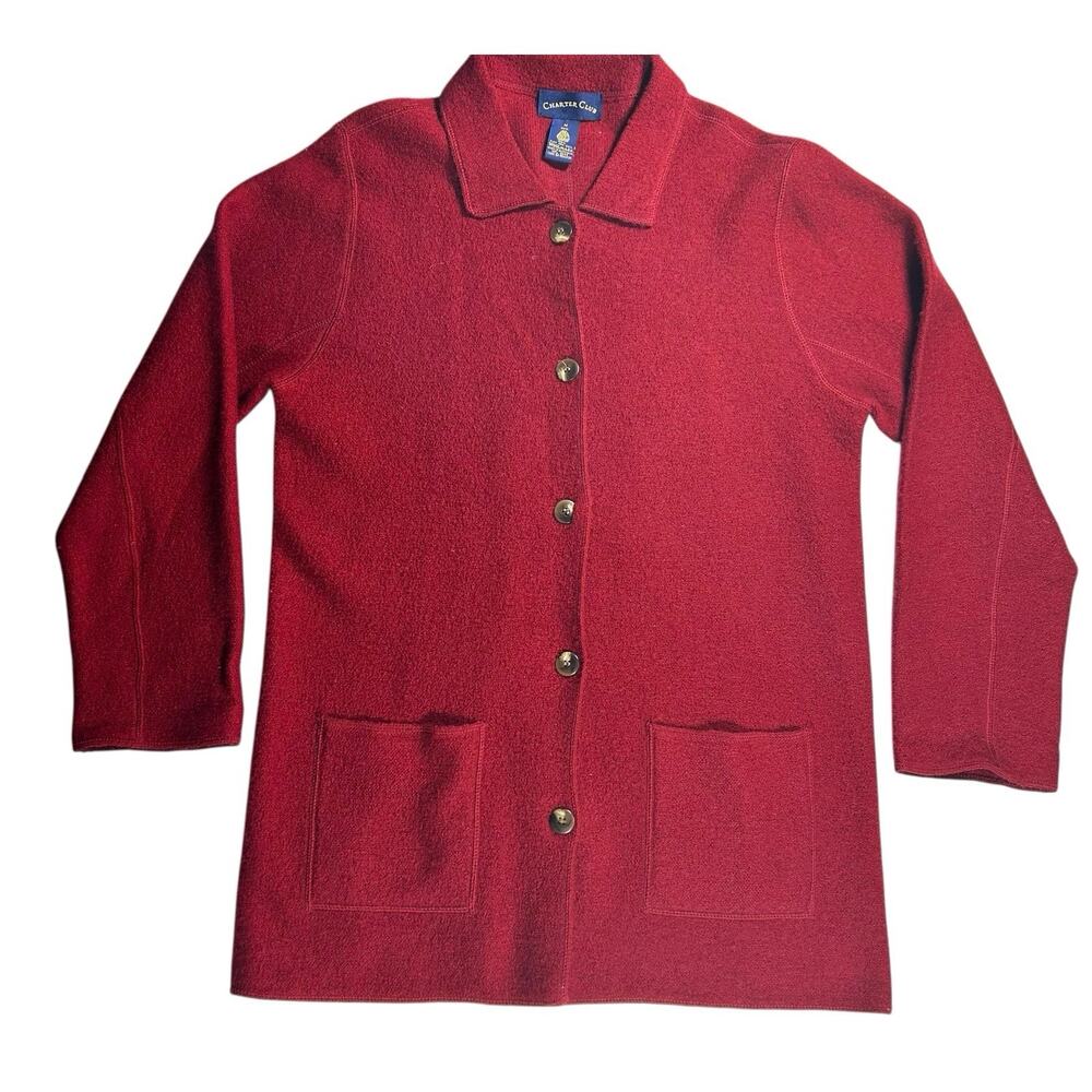Vtg Charter Club Womens Sz M Red 100% Wool Cardigan Sweater Pockets Preppy Cozy